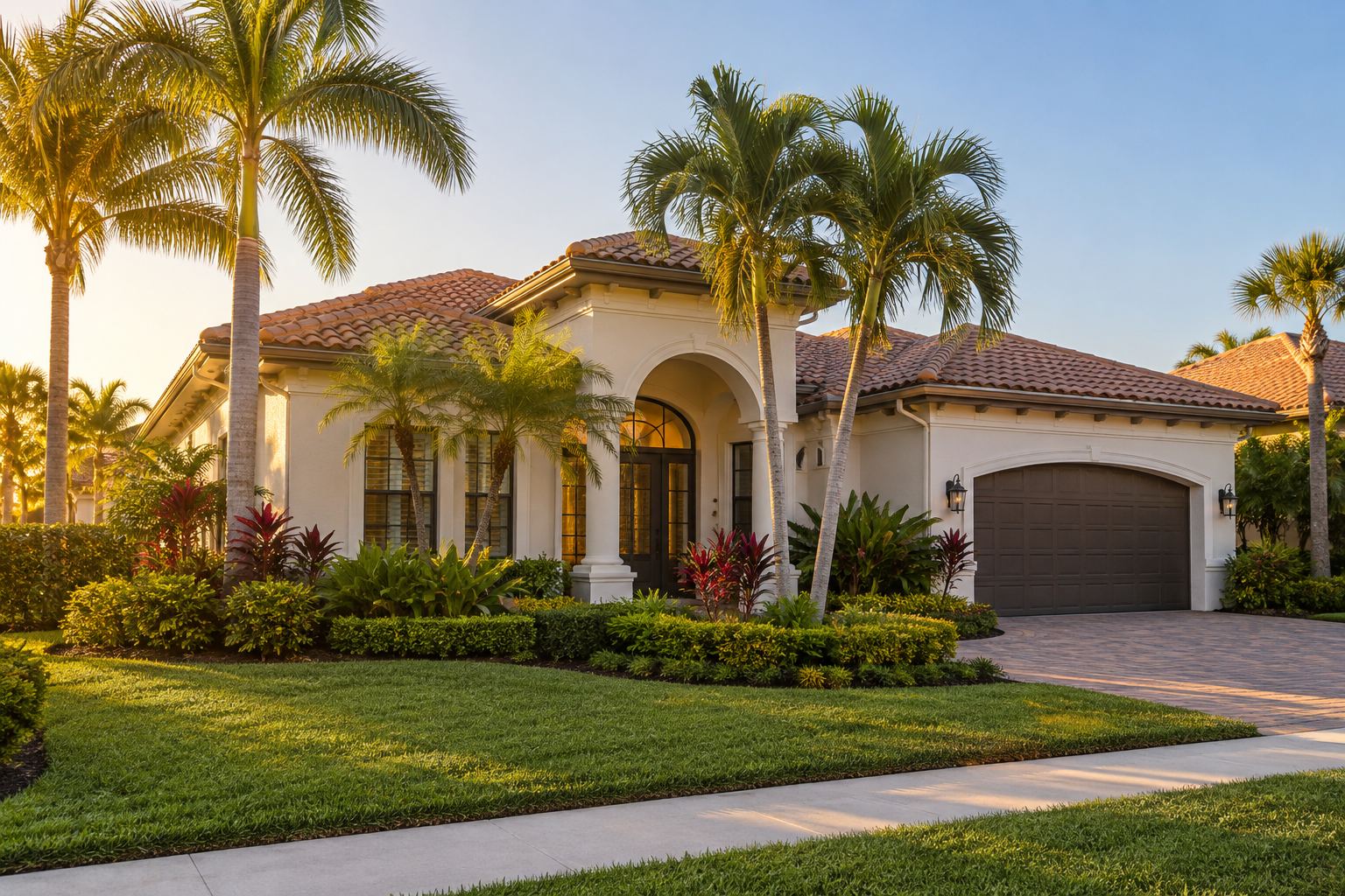 A South Florida home with palms at golden hour, illustrative