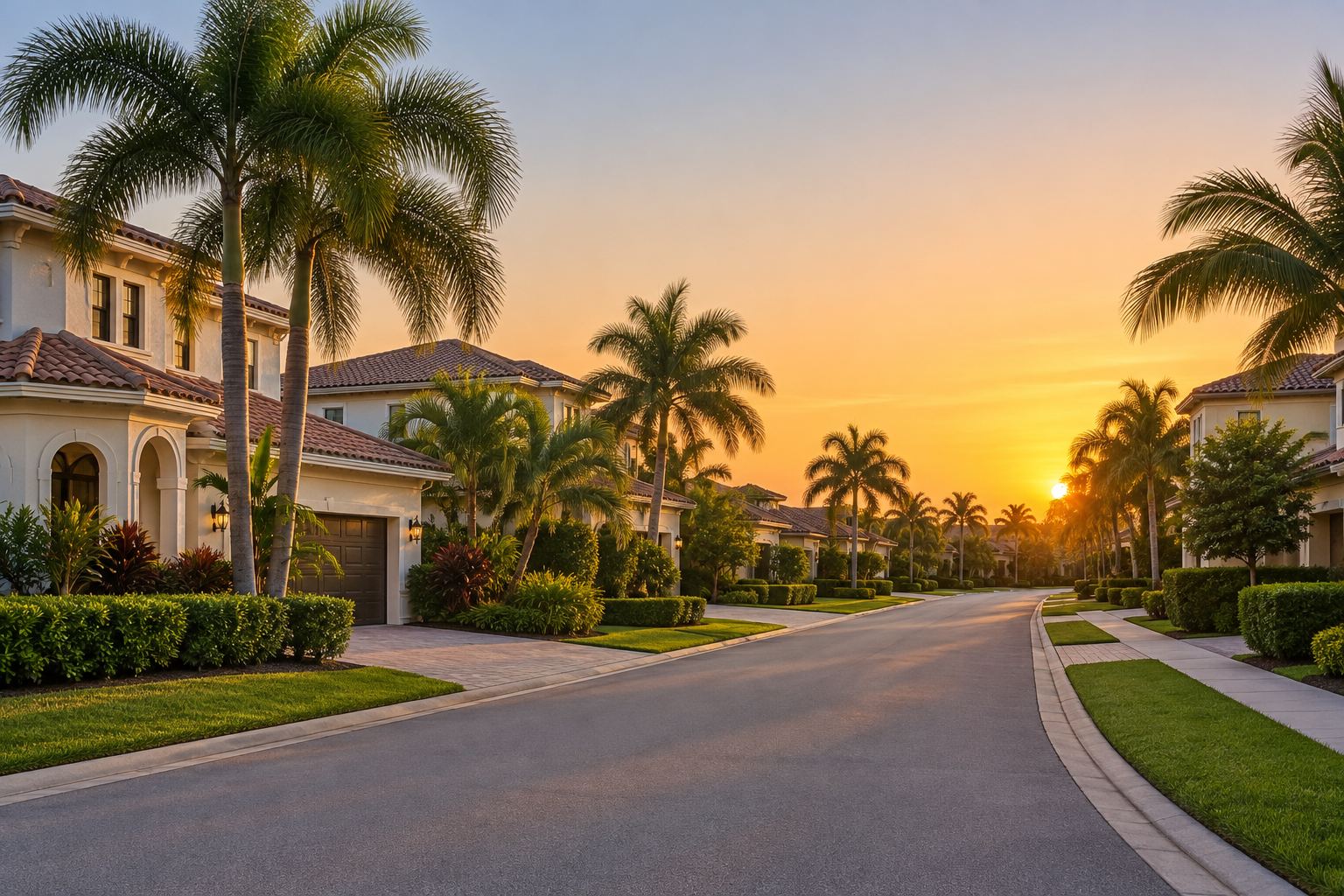 A South Florida street at sunset, illustrative