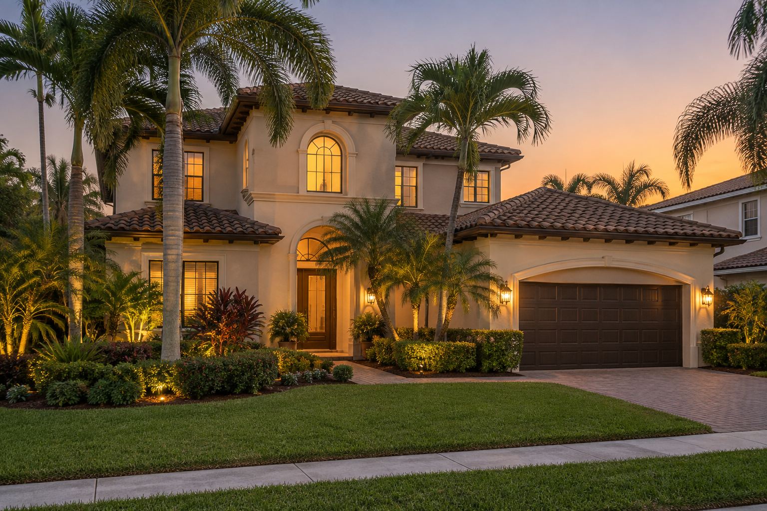 A South Florida home exterior at dusk, illustrative